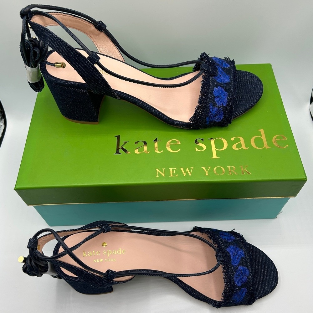 Kate Spade New York Wes Indigo Denim Fringe Lace Up Block Heel Sandals 9.5M NIB